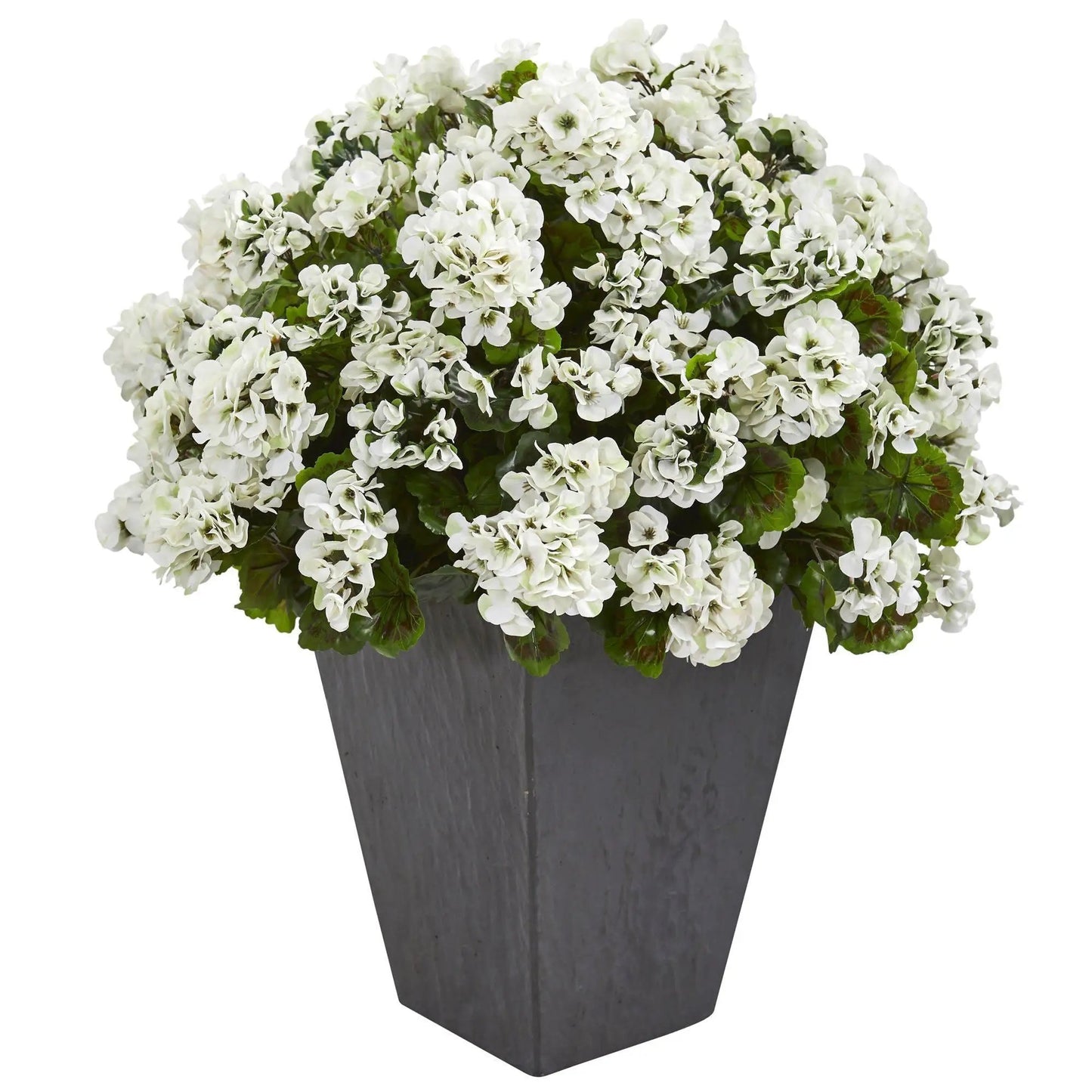 Geranium artificial plant with white blooms in a slate planter by Nearly Natural on Tampa Home & Garden Store
