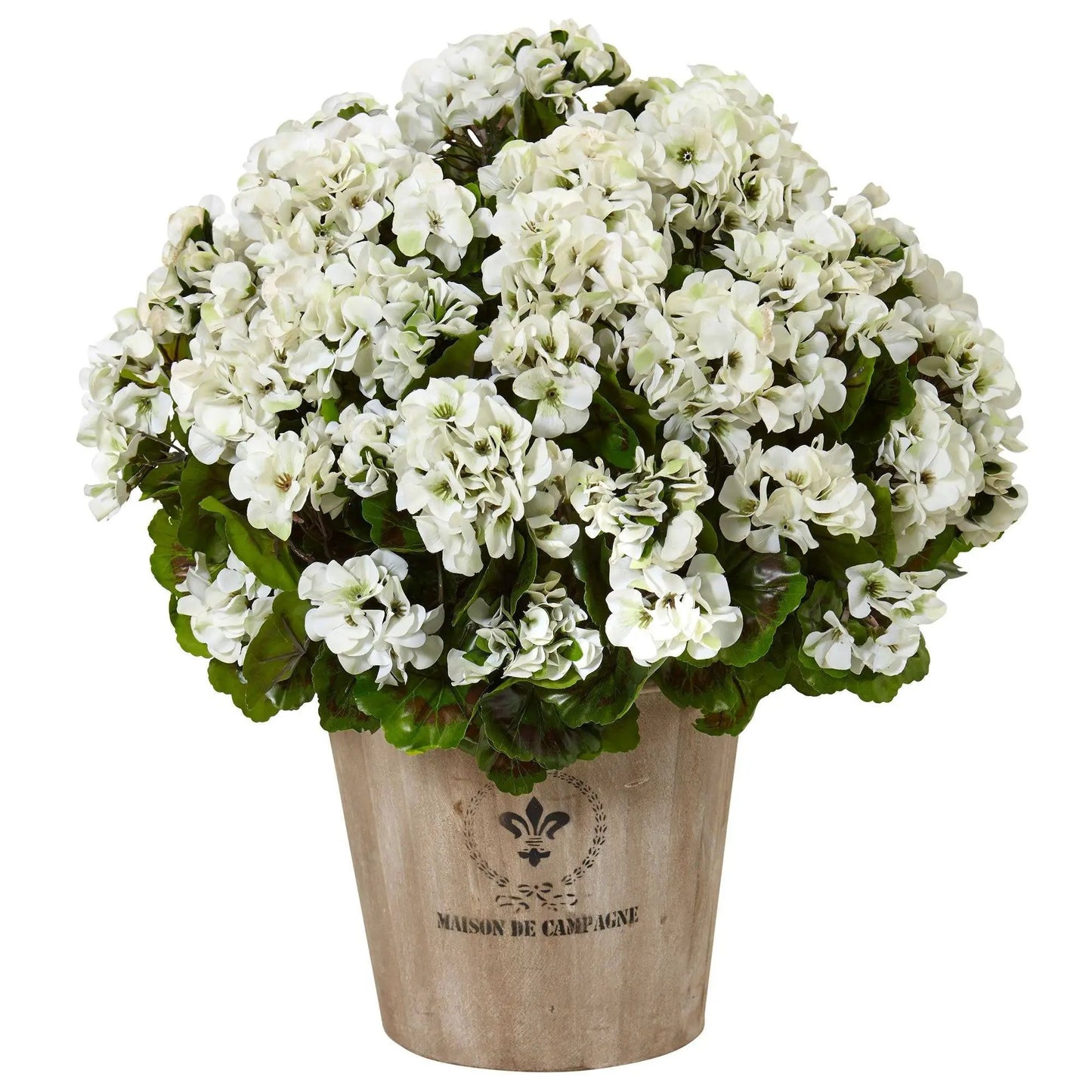 Geranium in farmhouse planter with white blossoms UV resistant artificial flowering plant on Tampa Home & Garden Store
