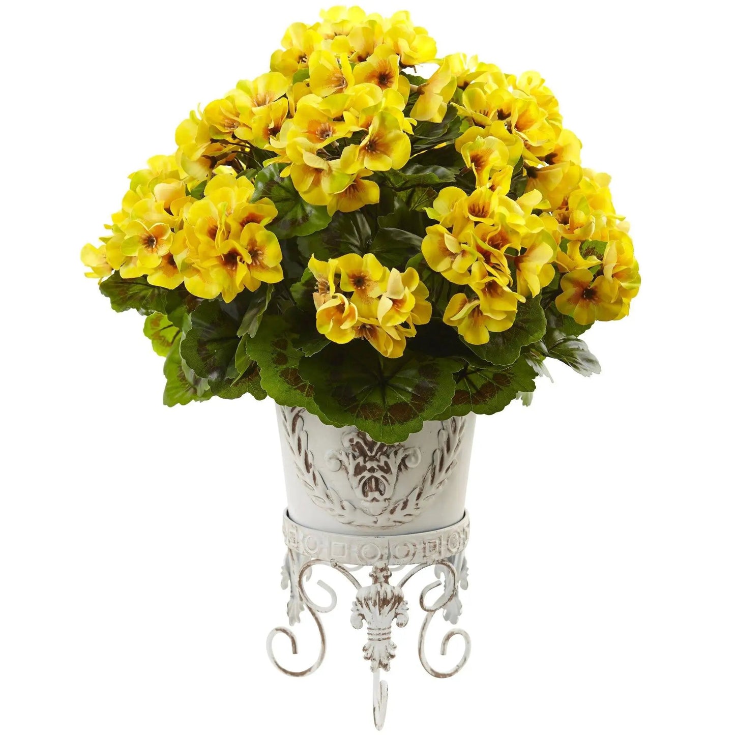 Yellow geraniums in a decorative metal planter with ornate stand, UV resistant Nearly Natural on Tampa Home & Garden Store