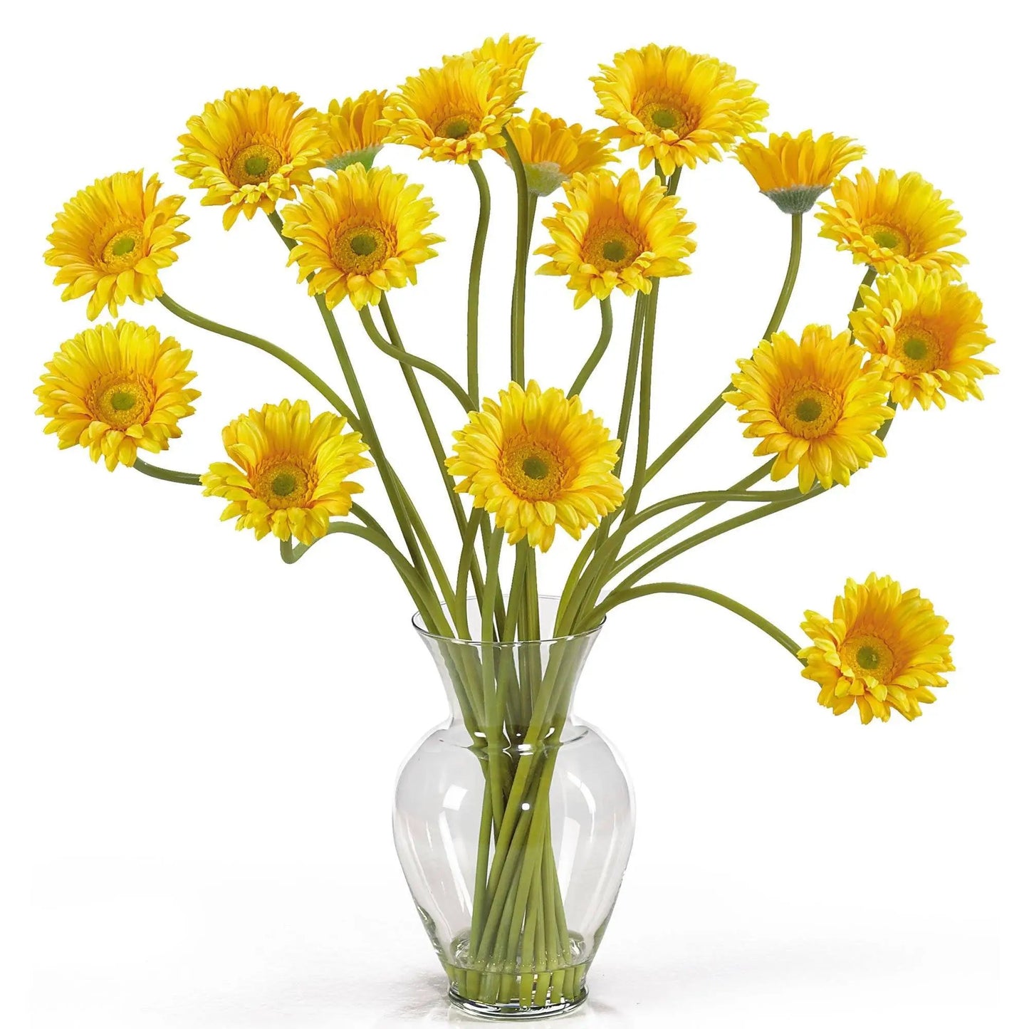Gerber Daisy Silk Flower Arrangement with bright yellow blooms in a clear glass vase on Tampa Home & Garden Store
