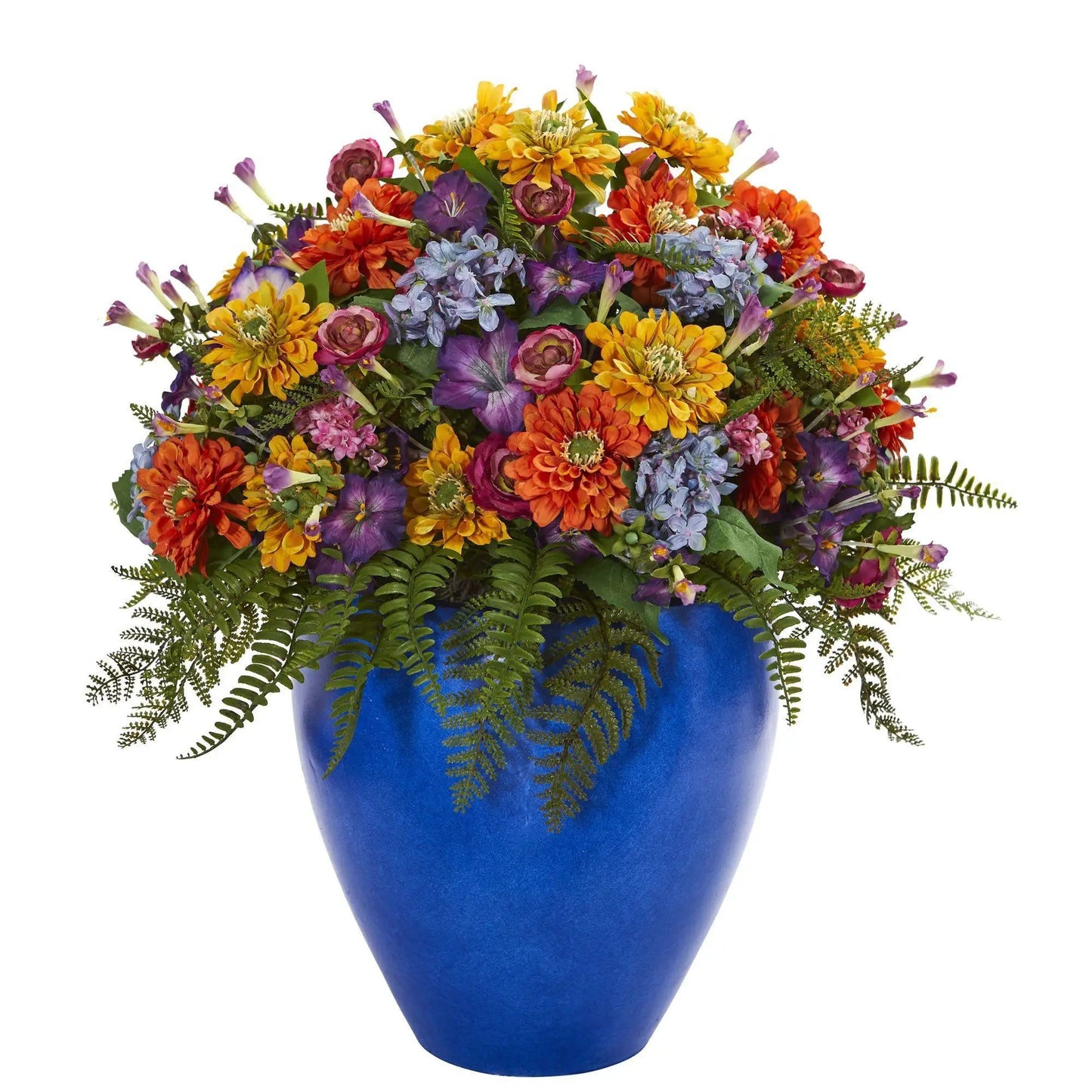 Giant mixed floral arrangement in blue vase with orange and purple blooms by Nearly Natural on Tampa Home & Garden Store