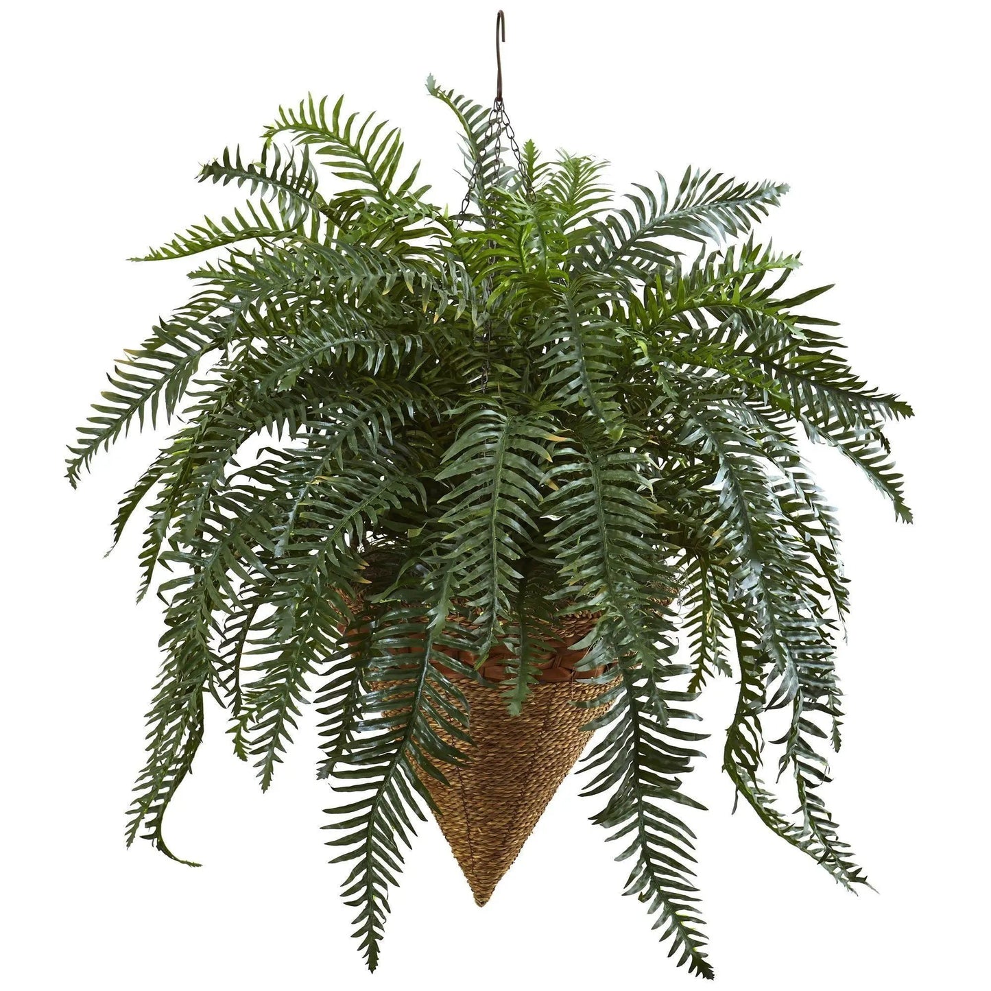 River Fern with Cone Hanging Basket green artificial fern in woven cone planter Nearly Natural on Tampa Home & Garden Store