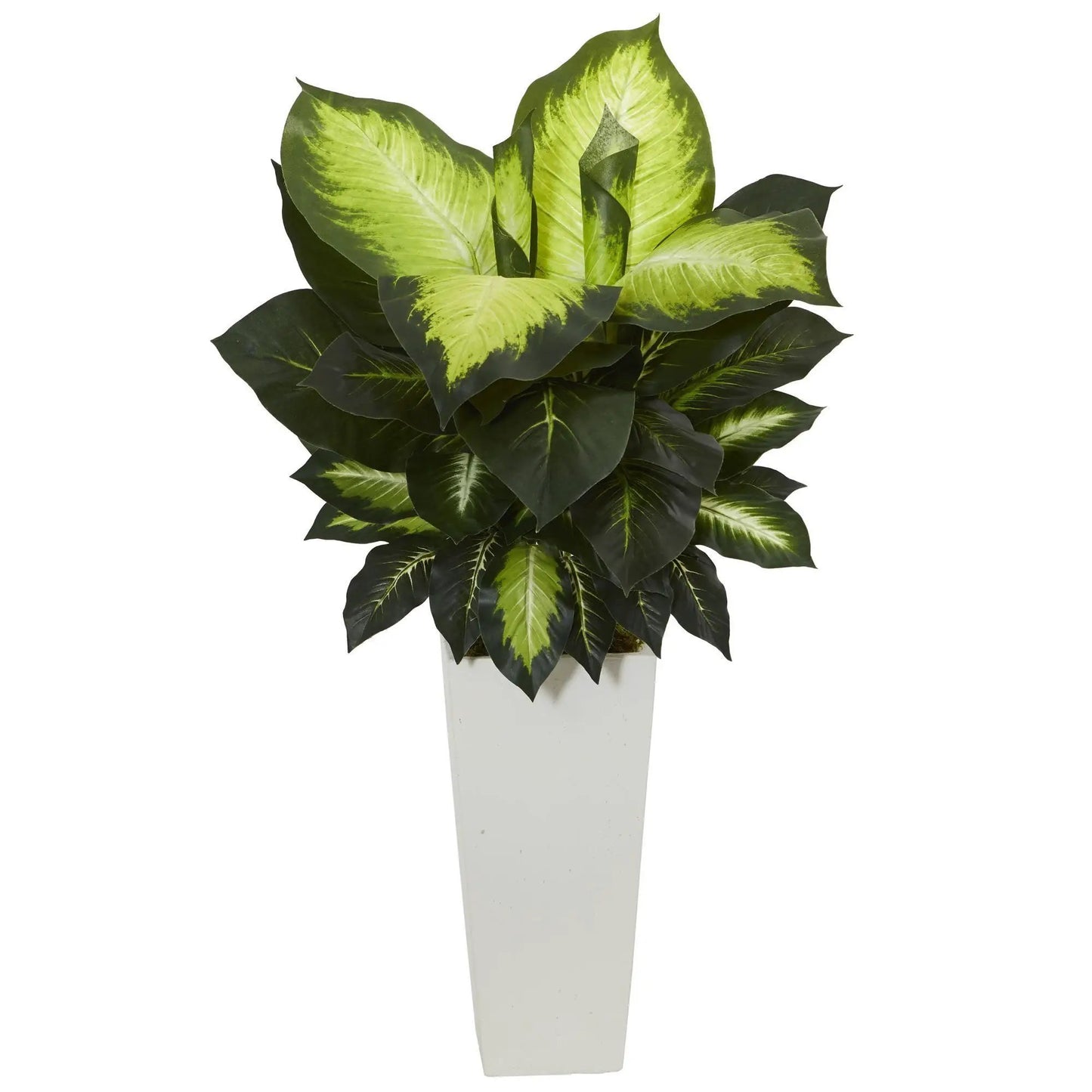 Golden Dieffenbachia artificial plant with yellow-green leaves in a white tower planter on Tampa Home & Garden Store