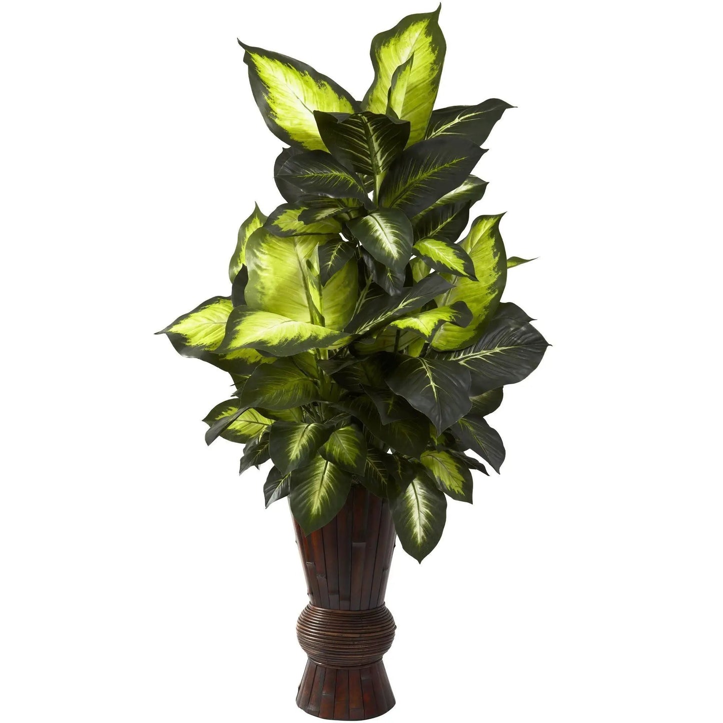 Golden Dieffenbachia artificial plant in bamboo planter lime-yellow and green leaves on Tampa Home & Garden Store