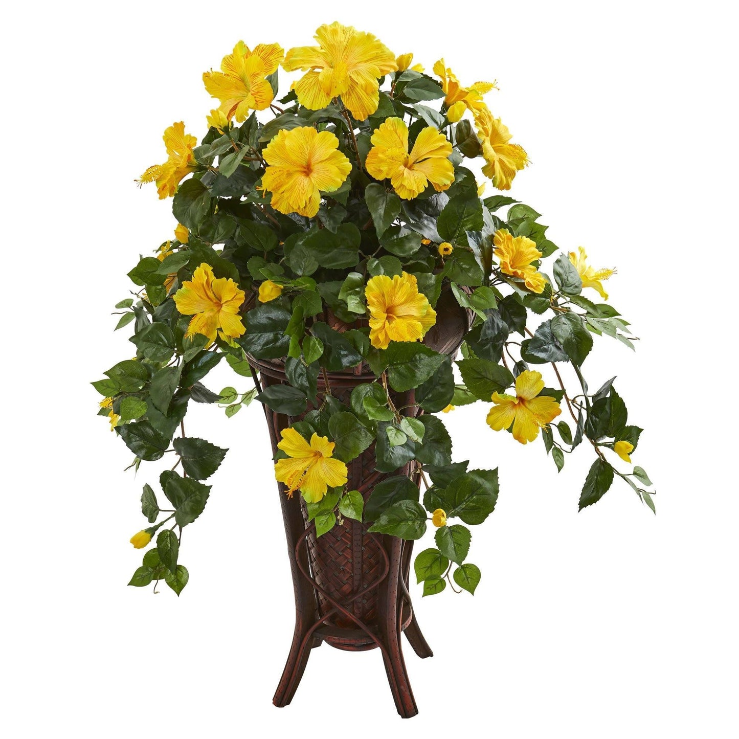 Hibiscus artificial plant in stand planter with yellow blooms and glossy leaves Nearly Natural on Tampa Home & Garden Store