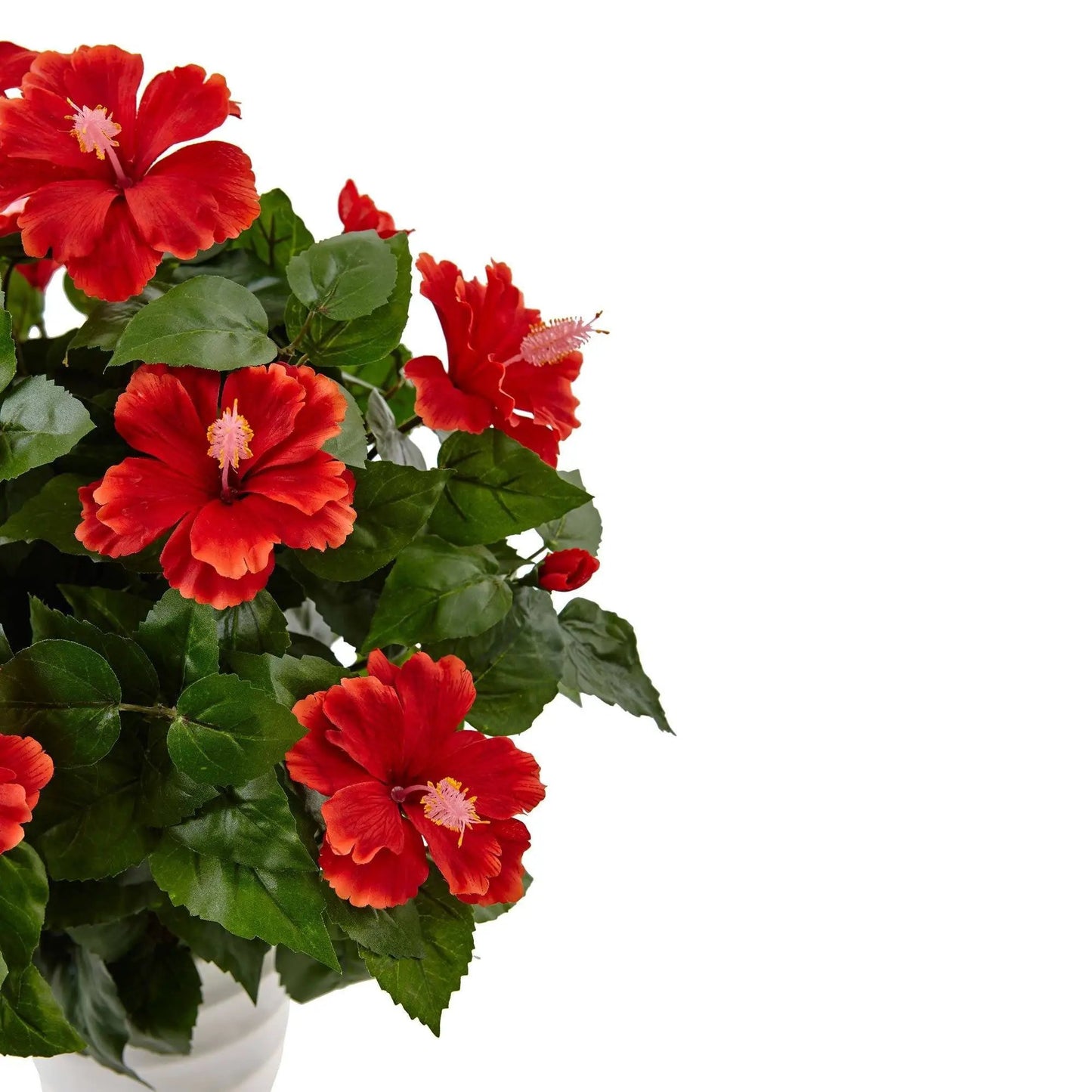 Faux red hibiscus with leaves in a white swirl planter Nearly Natural artificial flowering plant on Tampa Home & Garden Store
