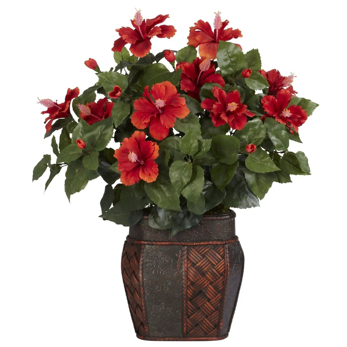 Hibiscus silk plant in a decorative woven vase with red-orange blooms by Nearly Natural on Tampa Home & Garden Store