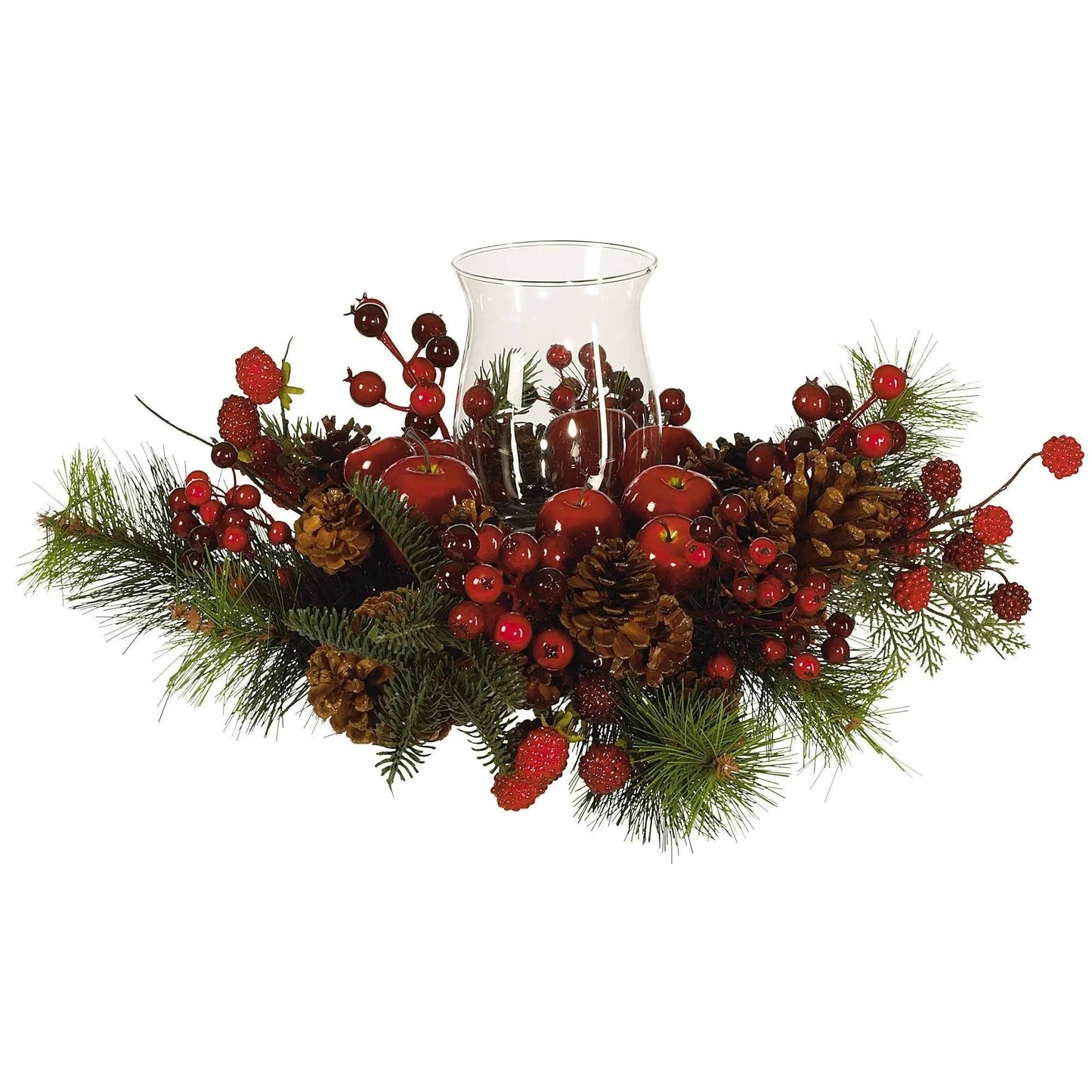 Elegant holiday candle holder with hurricane vase surrounded by red berries and pinecones on Tampa Home & Garden Store