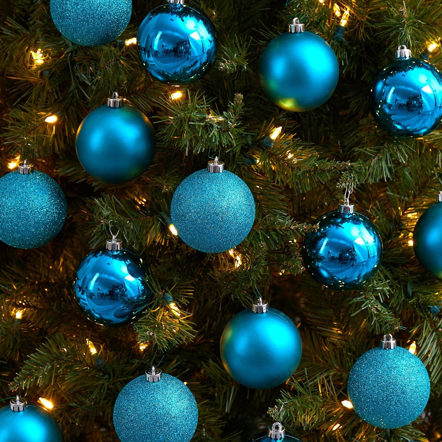Holiday 20-Count Shatterproof Ornament Set teal blue glittery and glossy finishes on Tampa Home & Garden Store