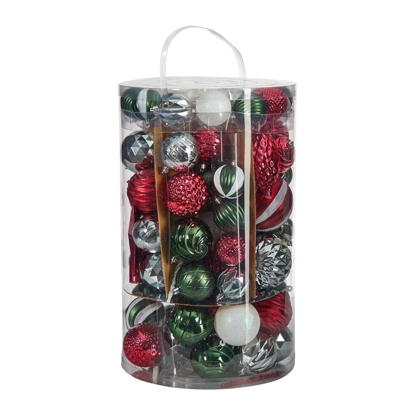 Holiday Deluxe Shatterproof Ornament Box Set red, green and silver ornaments in a cylinder on Tampa Home & Garden Store