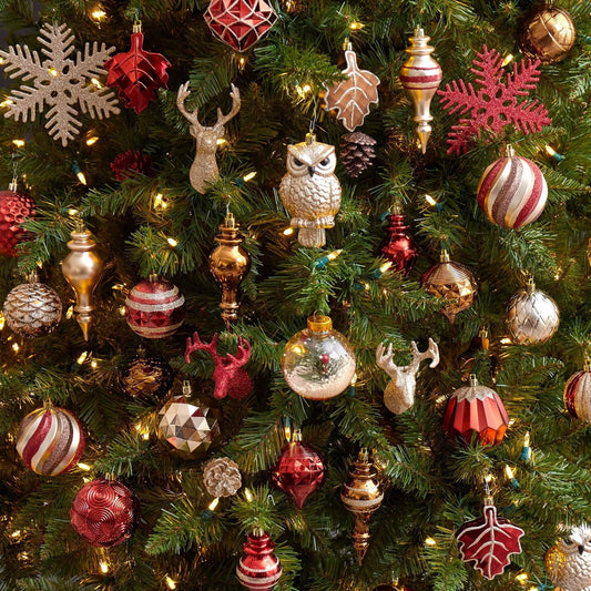 Ornament set Shatterproof Ornaments, red, gold and silver on a Christmas tree on Tampa Home & Garden Store