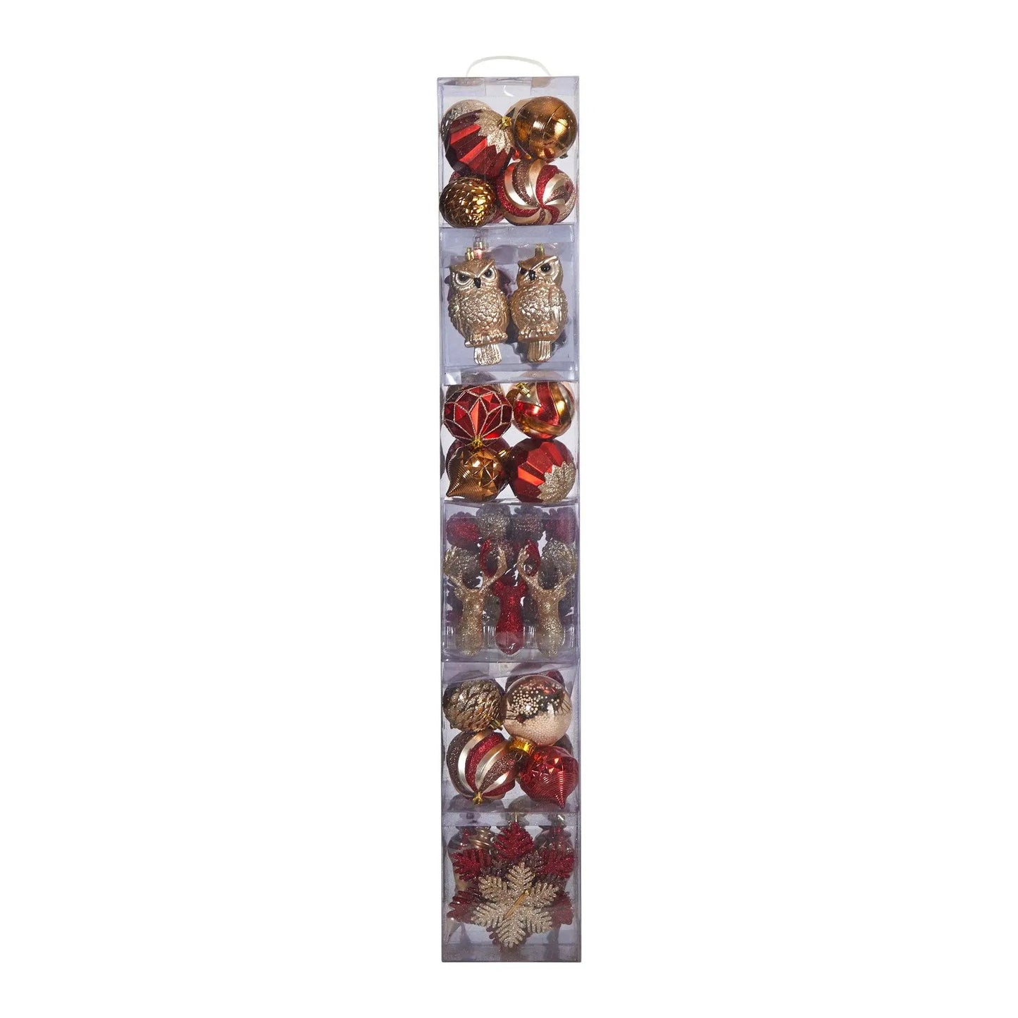 Holiday Shatterproof Ornaments 52-count box with red and gold baubles and owl accents on Tampa Home & Garden Store