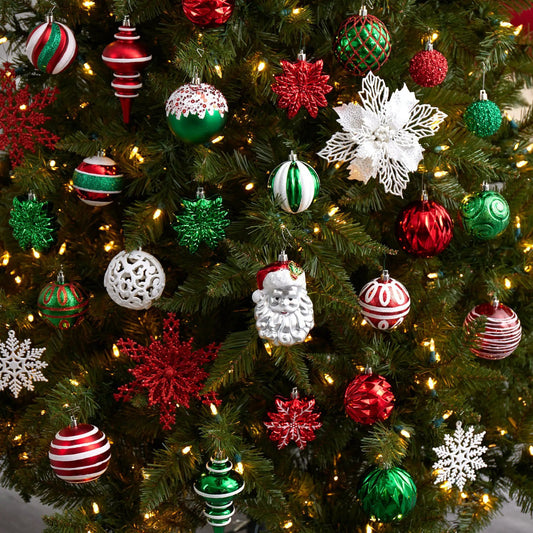 Ornament set of 70 red and green shatterproof Christmas ornaments on a decorated tree on Tampa Home & Garden Store