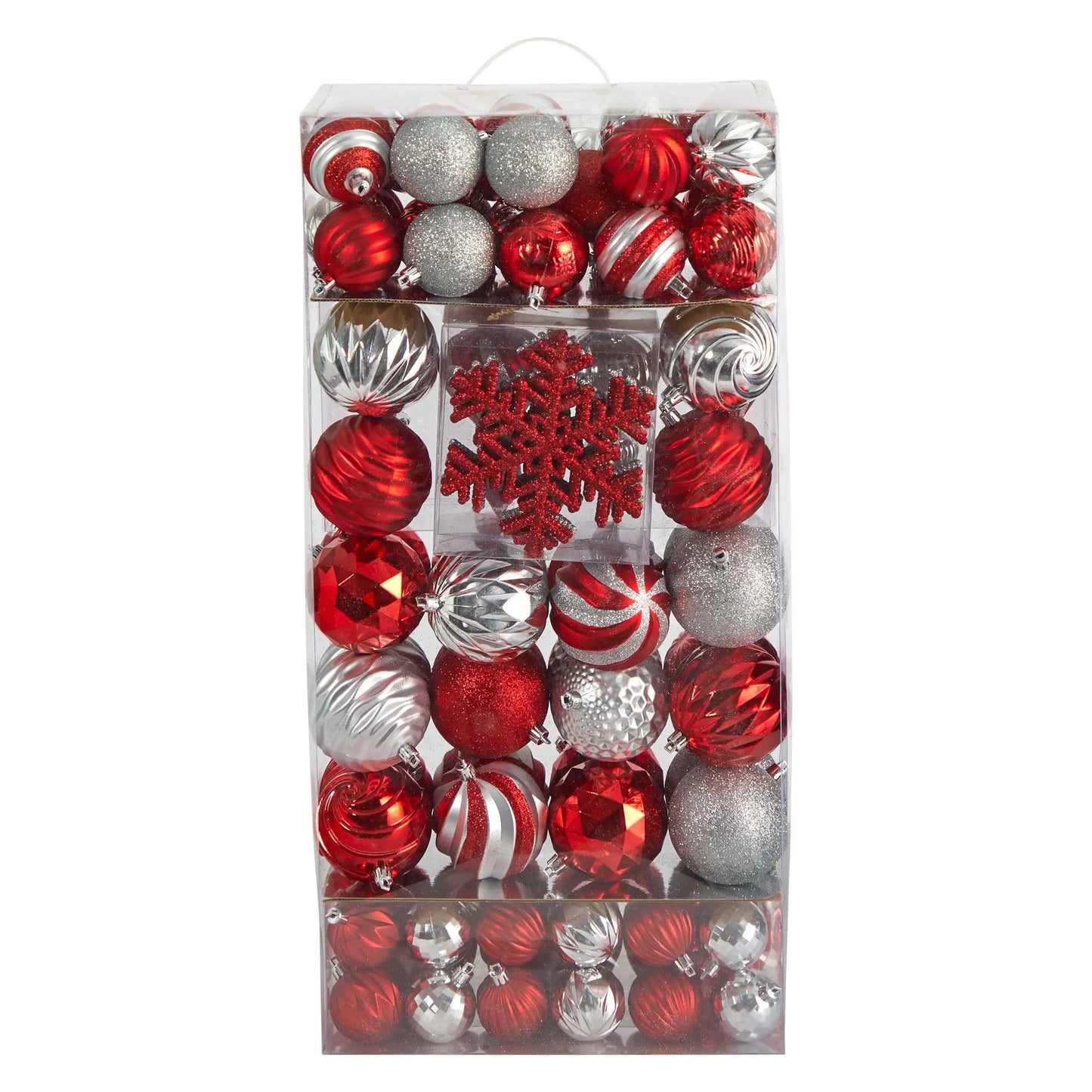 Holiday Deluxe shatterproof 81-count red and silver ornaments in clear container on Tampa Home & Garden Store