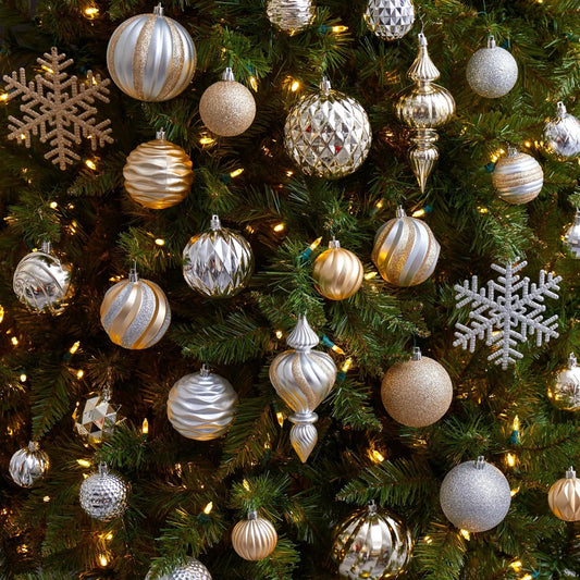 Holiday Shatterproof Ornament Set with silver and gold glitter on a green tree on Tampa Home & Garden Store