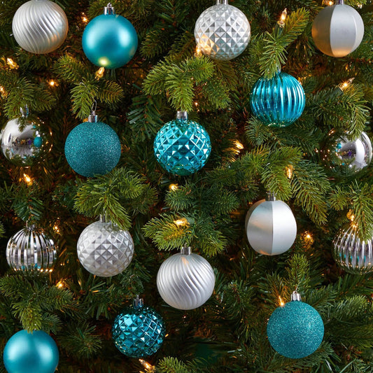 Holiday Shatterproof Ornament set 101-count 60mm teal and silver with reusable tube on Tampa Home & Garden Store