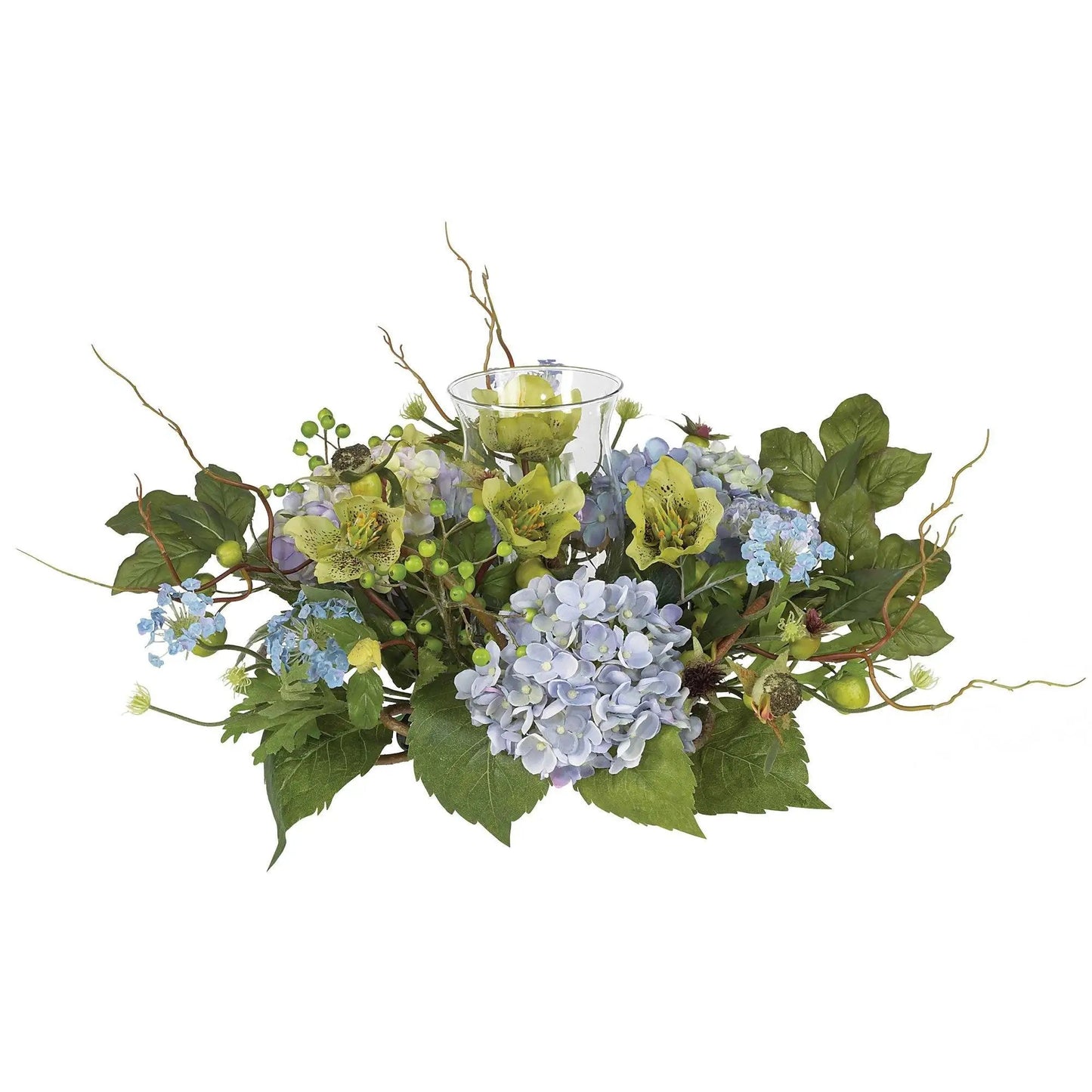 Hydrangea Candle Holder Centerpiece with blue and yellow artificial hydrangeas in a glass vase on Tampa Home & Garden Store