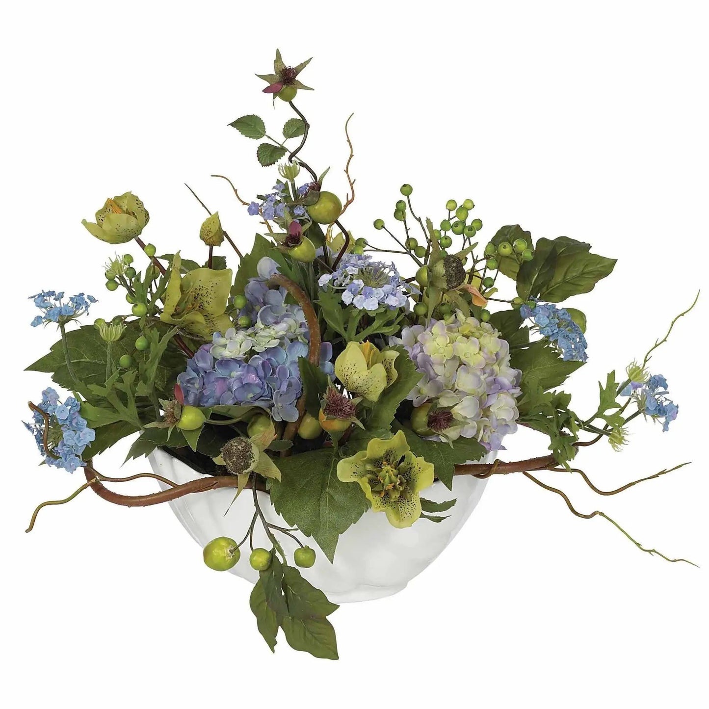 Artificial Hydrangea Arrangement in Ceramic Bowl with blue and lavender blooms and green foliage on Tampa Home & Garden Store