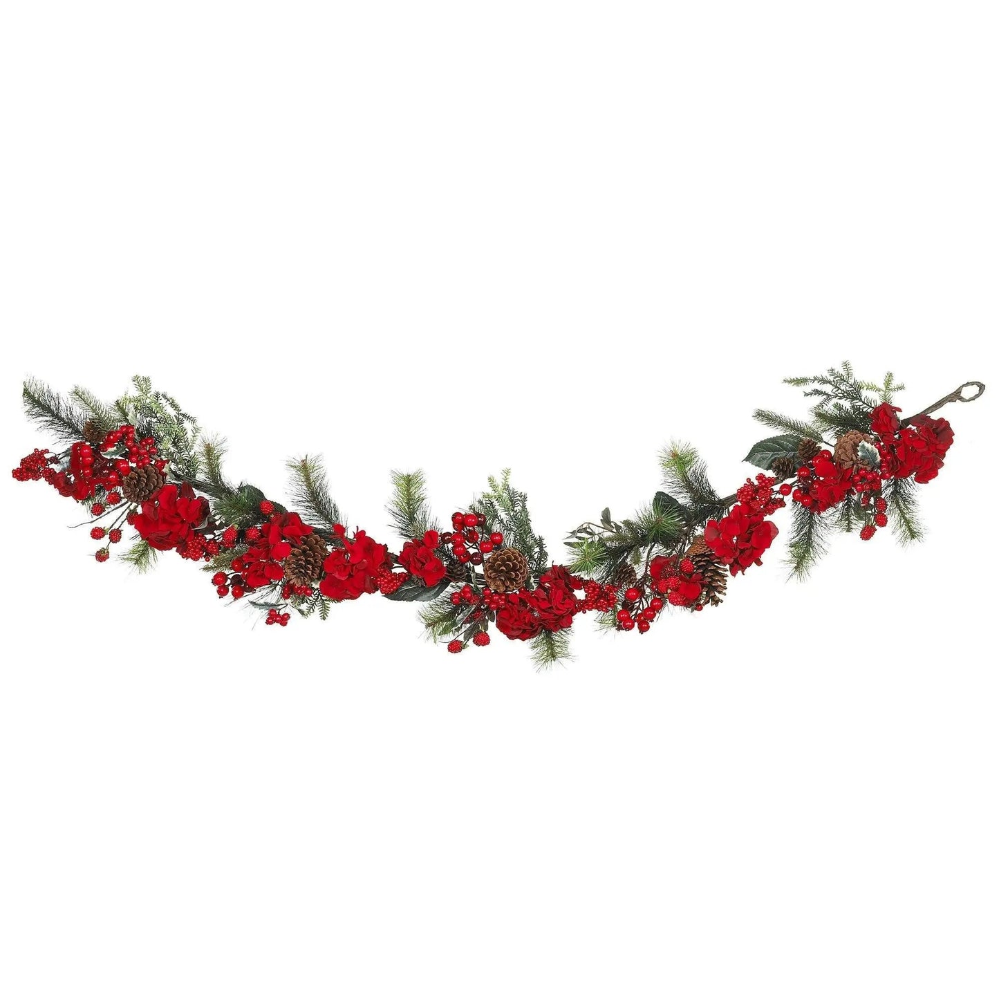 Hydrangea garland with red berries, pinecones and evergreen sprigs by Nearly Natural on Tampa Home & Garden Store