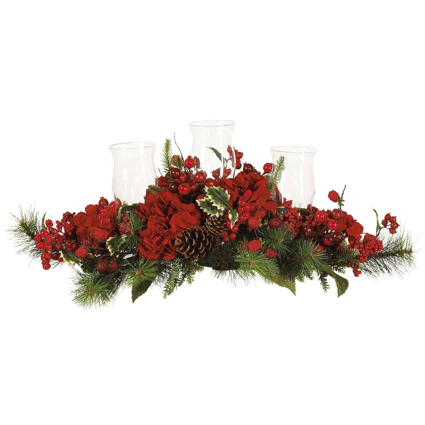 Hydrangea Holiday Candelabrum with 2 Hurricanes red hydrangea blooms berries and greens on Tampa Home & Garden Store