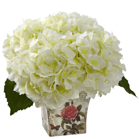Compact artificial white hydrangea in a floral-patterned planter wrap on Tampa Home & Garden Store
