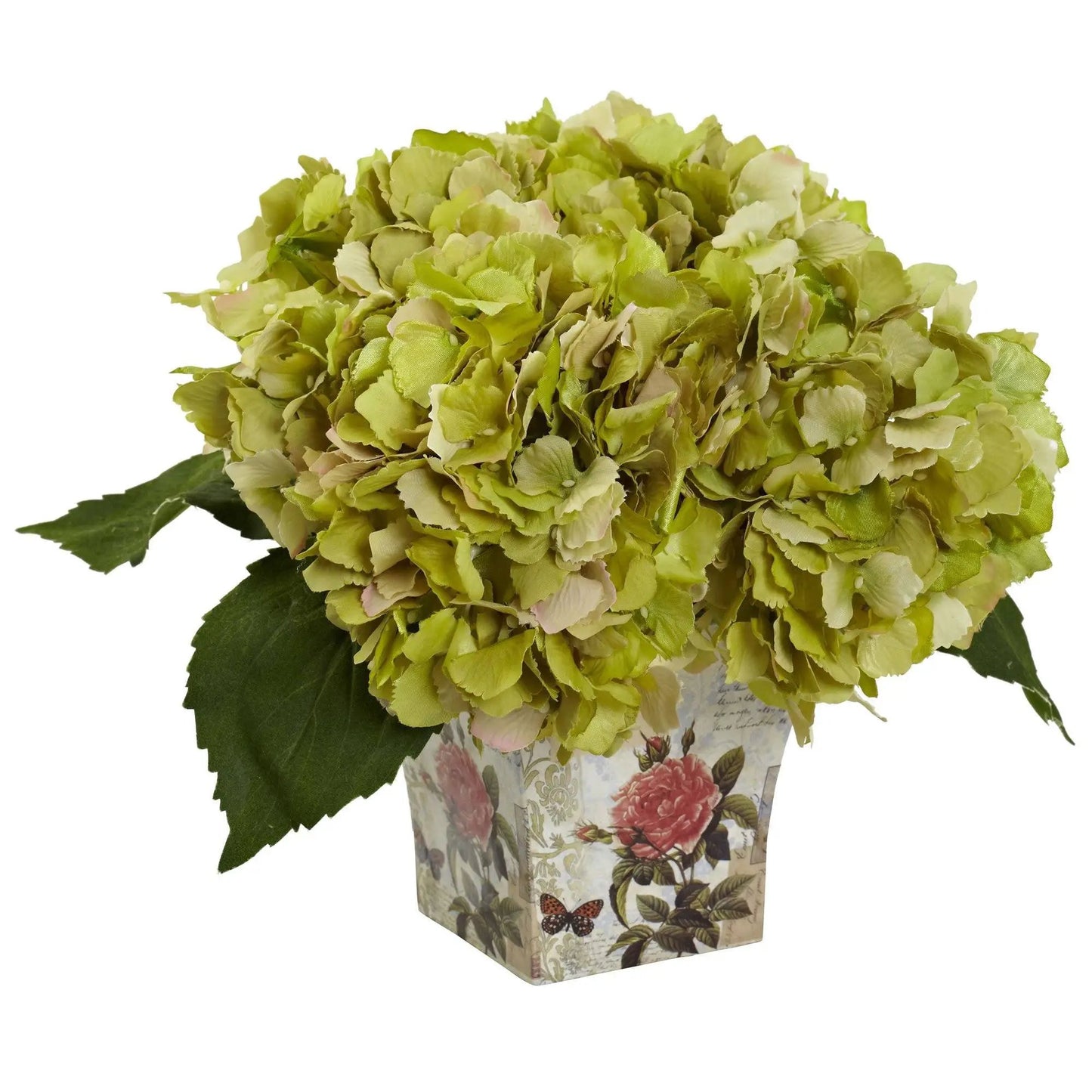 Compact Hydrangea artificial planter bouquet in green-yellow blooms by Nearly Natural on Tampa Home & Garden Store