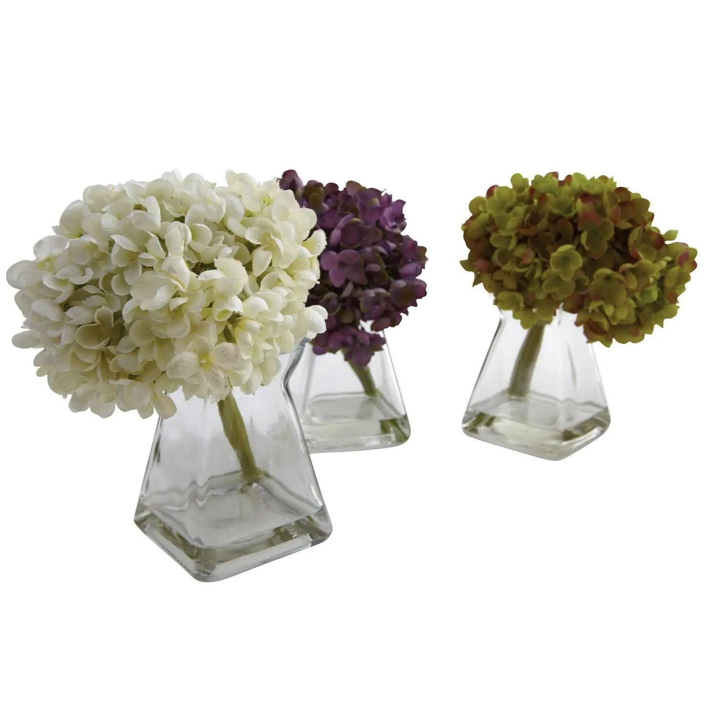 Hydrangea with Vase set of 3 faux flowers in white, purple, green in glass vases on Tampa Home & Garden Store