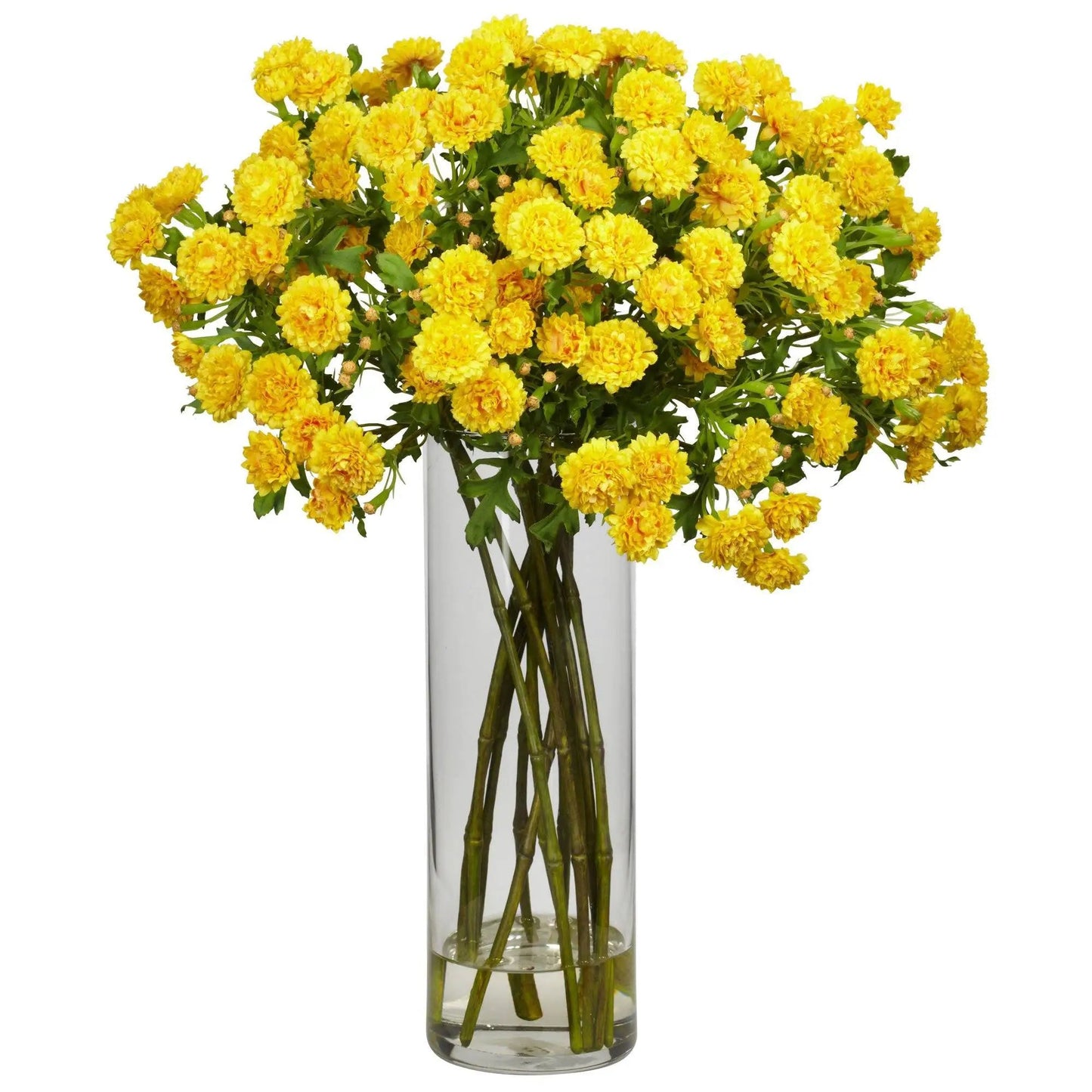 Japanese Silk Flower Arrangement in a Vase with bright yellow pom-pom blooms and green stems on Tampa Home & Garden Store