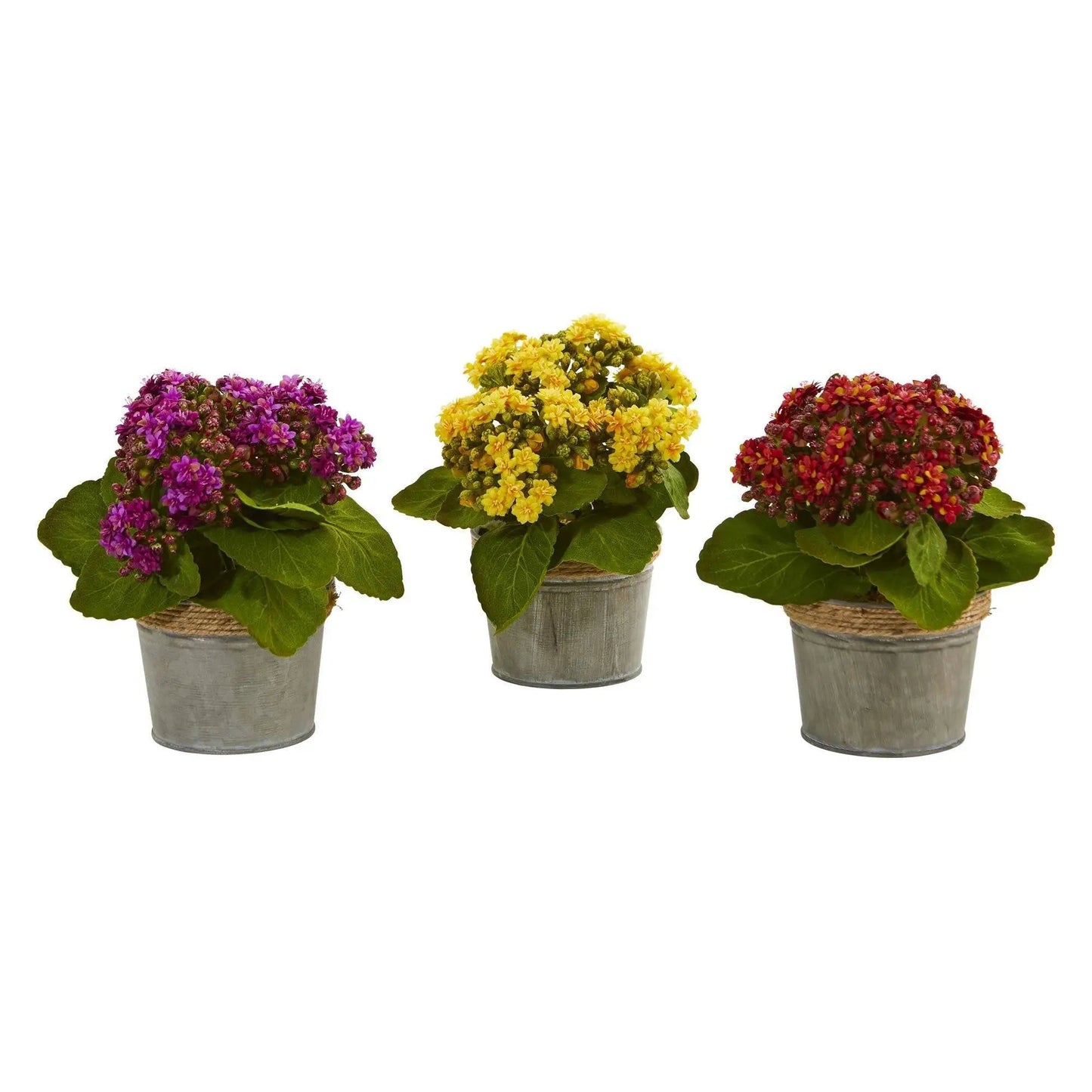 Kalanchoe artificial arrangements set of 3 in metal pots with purple, yellow, and red blooms Nearly Natural on Tampa Home & Garden Store