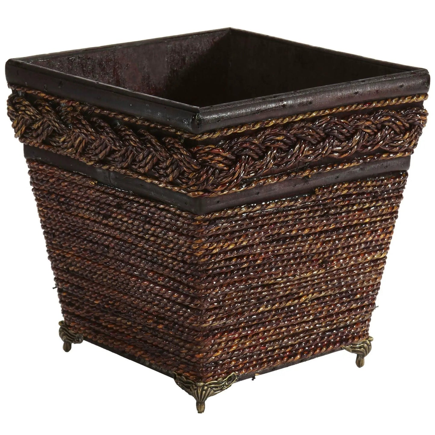 Lacquered coiled rope rectangular planter with legs in dark brown, woven sides on Tampa Home & Garden Store