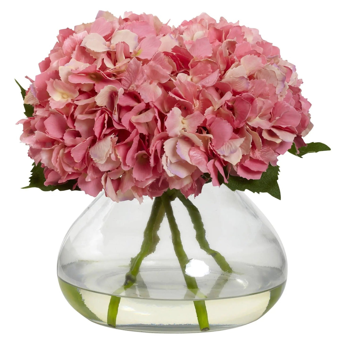 Large pink hydrangea bouquet in clear glass vase Nearly Natural artificial flowering plant on Tampa Home & Garden Store