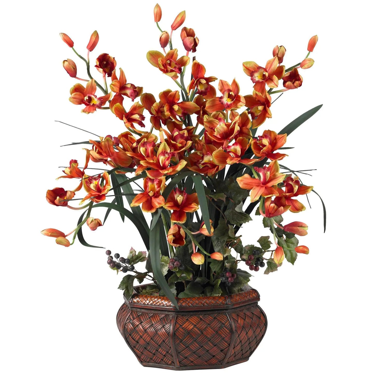 Large Cymbidium Silk Flower Arrangement with orange blooms in a Nearly Natural woven basket on Tampa Home & Garden Store