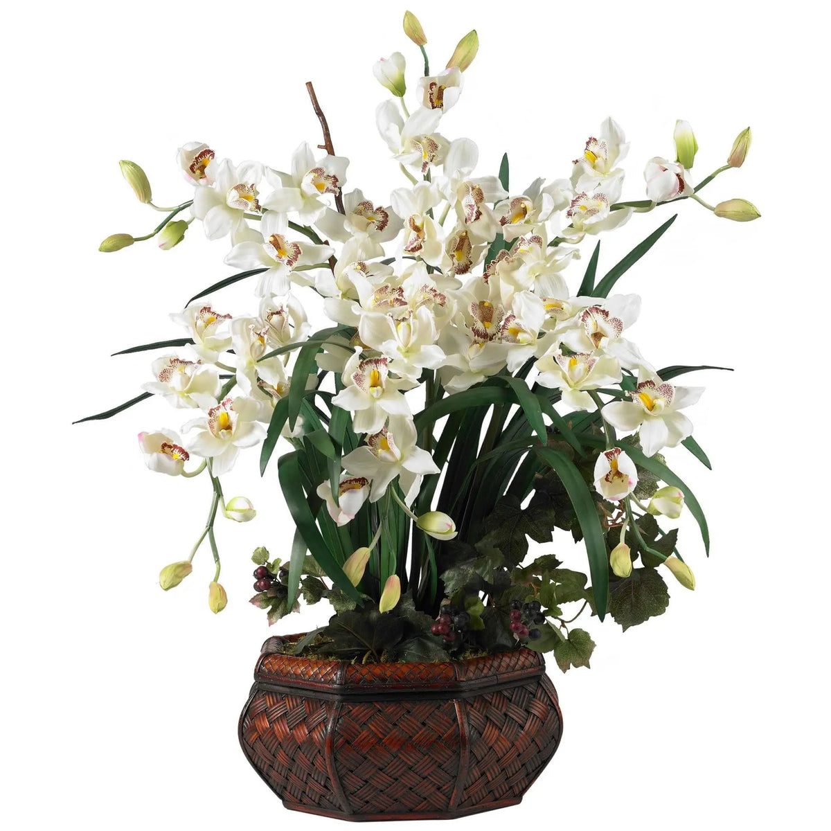 Large Cymbidium Silk Flower Arrangement with white orchids and green foliage in a woven basket on Tampa Home & Garden Store