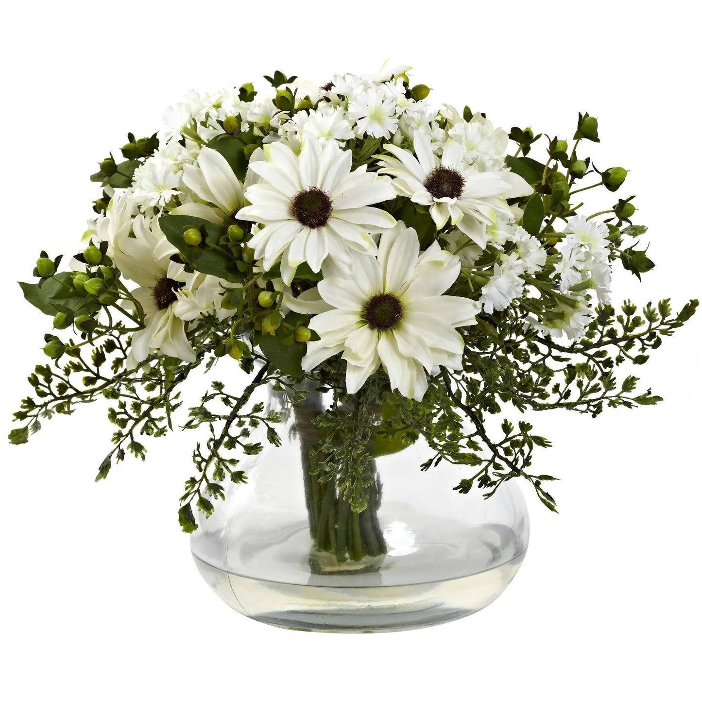 Elegant Daisy Centerpiece Arrangement by Nearly Natural - white daisies with green foliage in a clear vase on Tampa Home & Garden Store