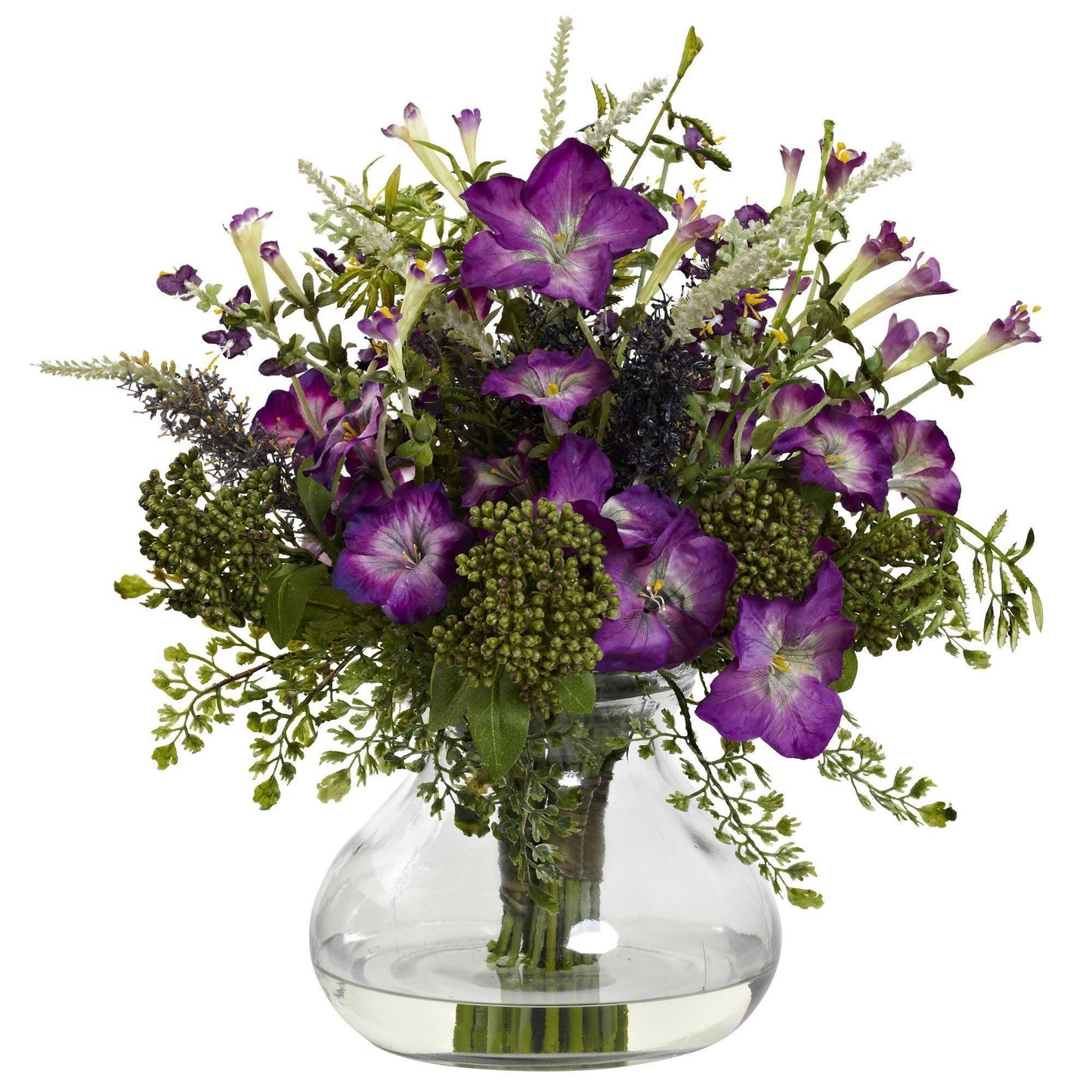 Large mixed morning glory vase arrangement with purple blooms in a glass vase Nearly Natural on Tampa Home & Garden Store