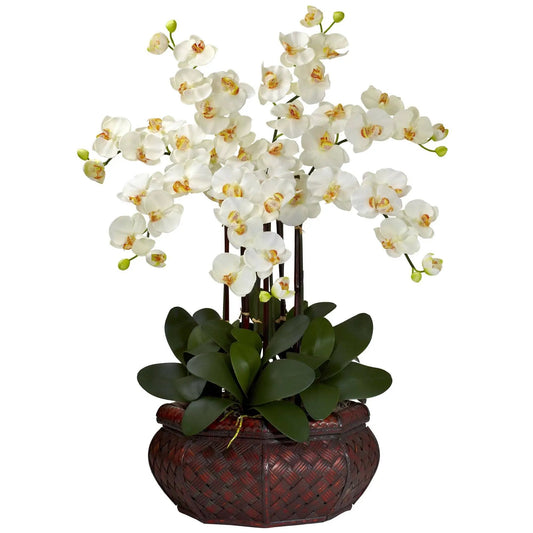 Phalaenopsis silk orchid arrangement in a woven basket planter with white blooms and leaves on Tampa Home & Garden Store