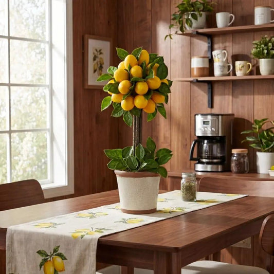 Lemon Ball Topiary by Nearly Natural in clay pot with yellow lemons and leaves on table on Tampa Home & Garden Store