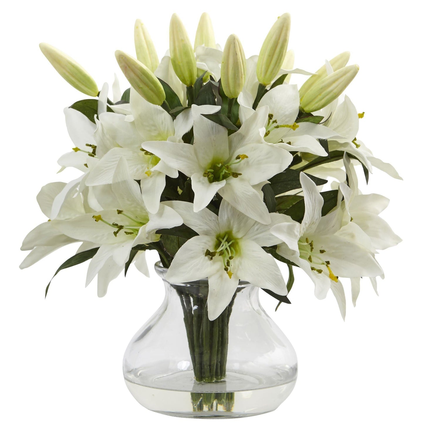 White Lily Arrangement in Clear Vase with budding lilies and green foliage on Tampa Home & Garden Store