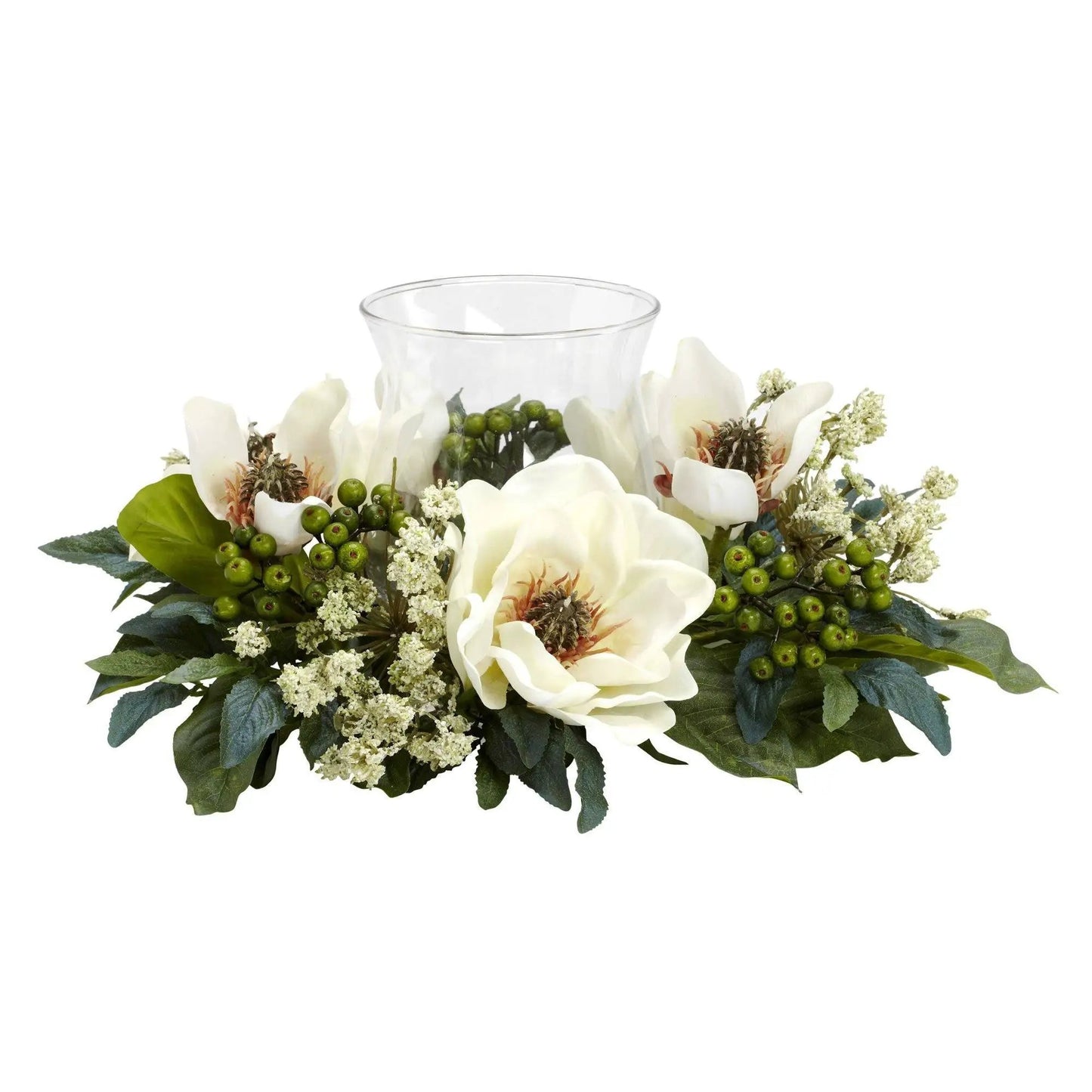 Magnolia Candelabrum silk flower arrangement with white magnolias, green berries in a glass vase on Tampa Home & Garden Store