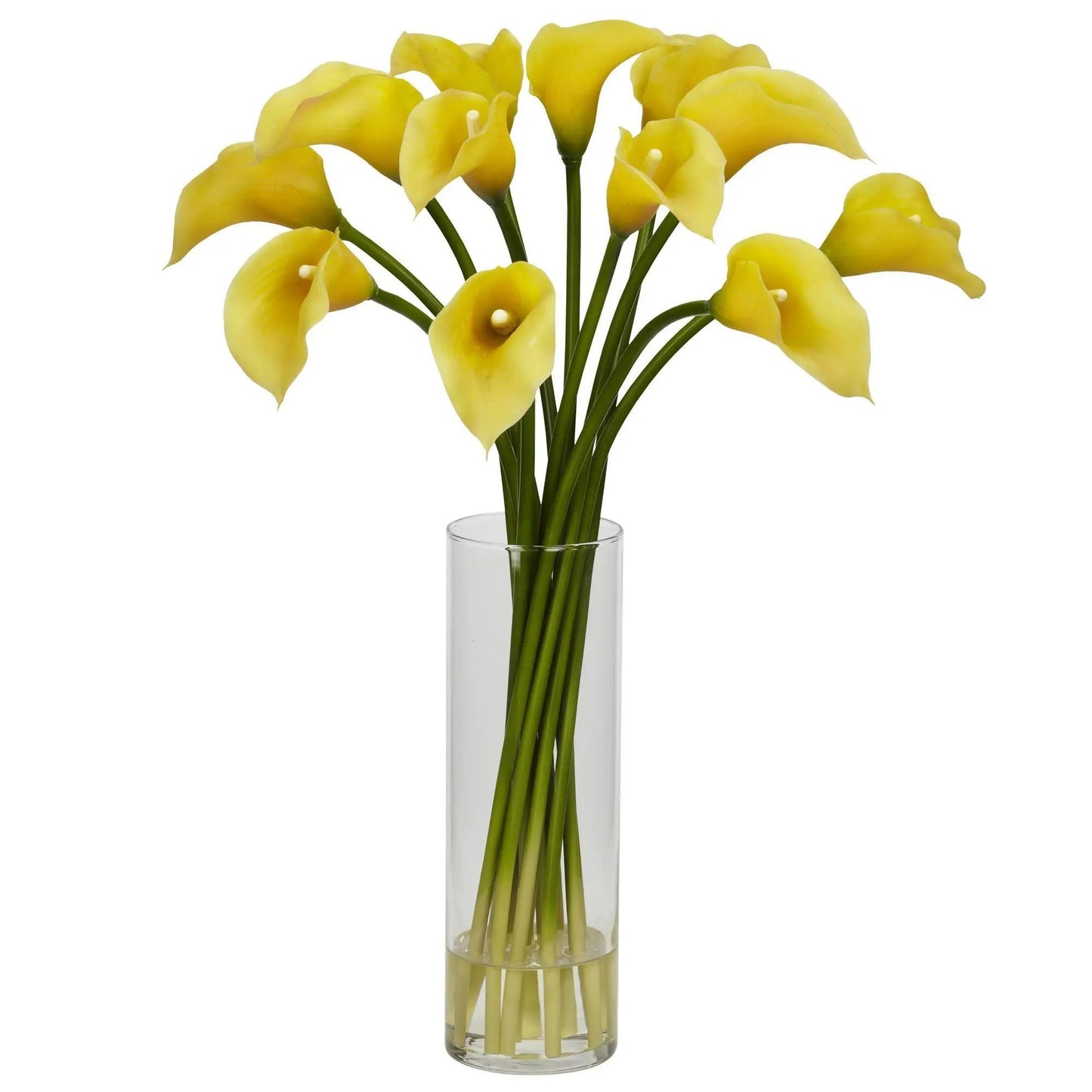 Mini Calla Lily Silk Flower Arrangement by Nearly Natural, yellow silk lilies in a clear vase on Tampa Home & Garden Store