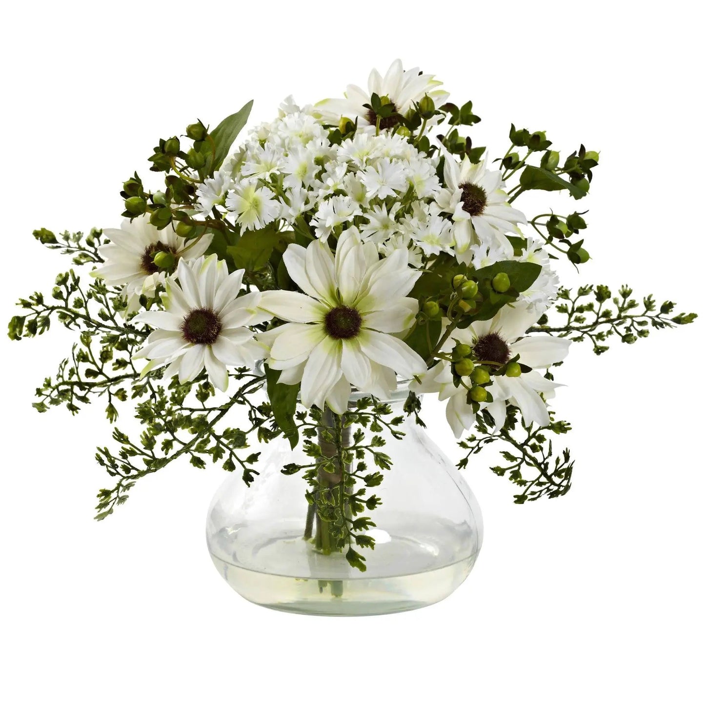 Artificial Mixed Daisy Arrangement in Clear Vase, white daisies, green accents, Nearly Natural on Tampa Home & Garden Store