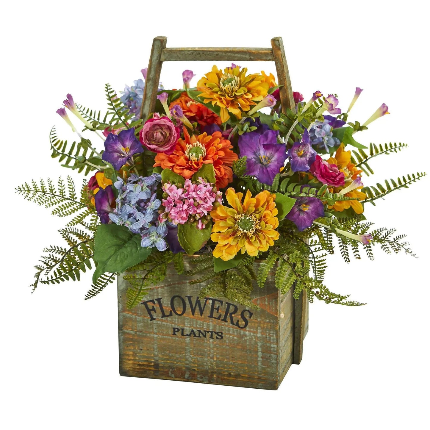Mixed floral arrangement in a weathered wood basket with multicolor blooms on Tampa Home & Garden Store