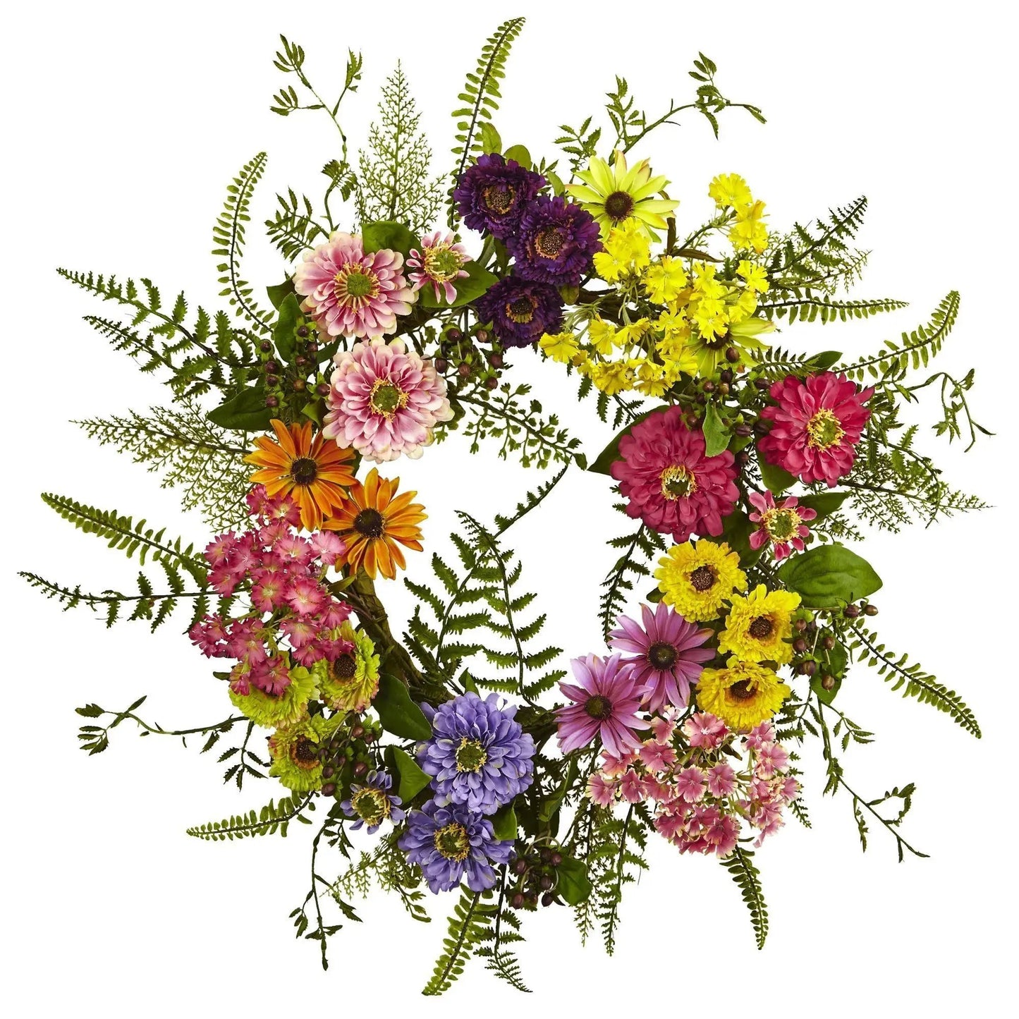Vibrant Faux Flower Wreath for Entryway Decor with multicolored blooms and fern greenery on Tampa Home & Garden Store