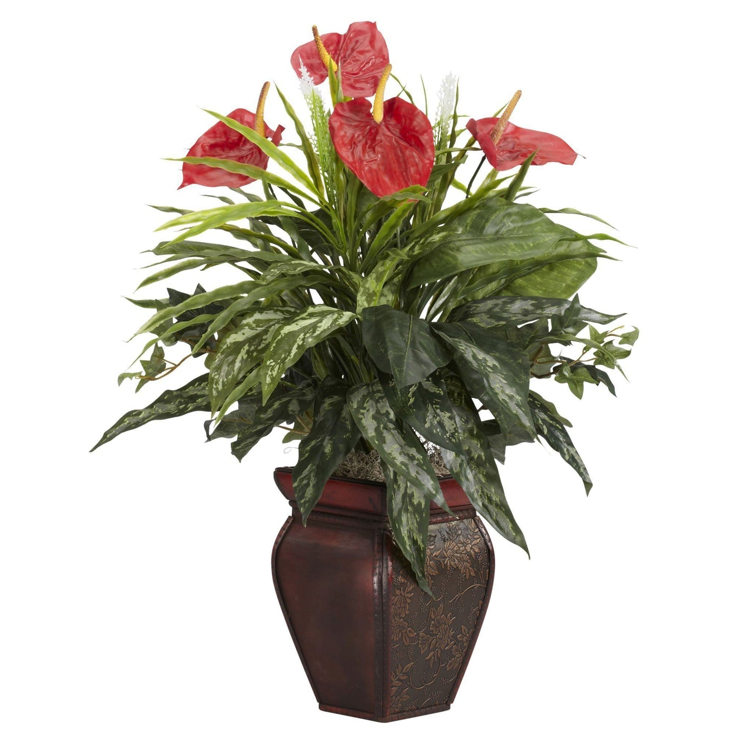 Mixed Greens and Red Anthurium Silk Plant by Nearly Natural in decorative brown vase on Tampa Home & Garden Store