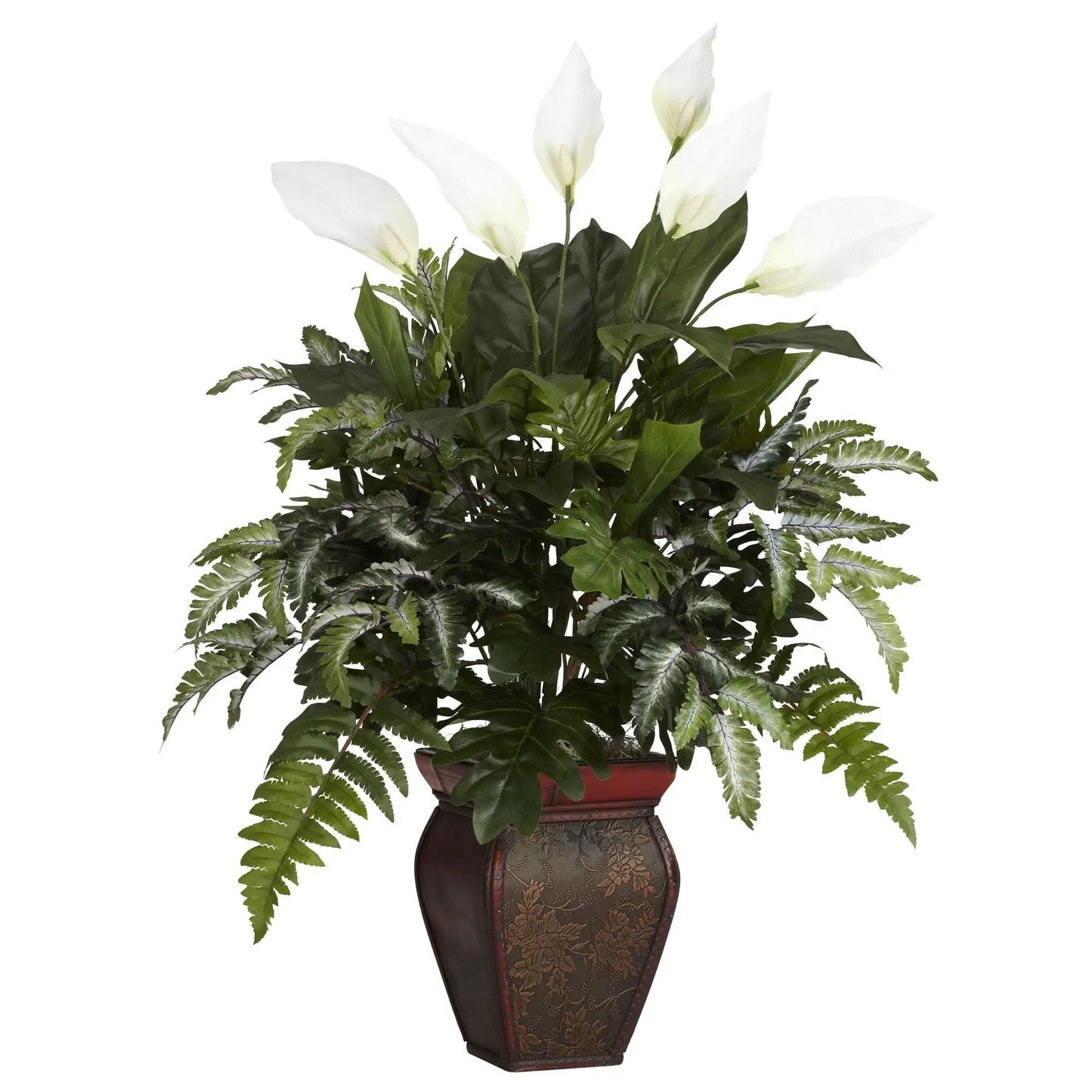 Mixed Greens Silk Plant with Spathyfillum from Nearly Natural in a brown vase with white blooms on Tampa Home & Garden Store