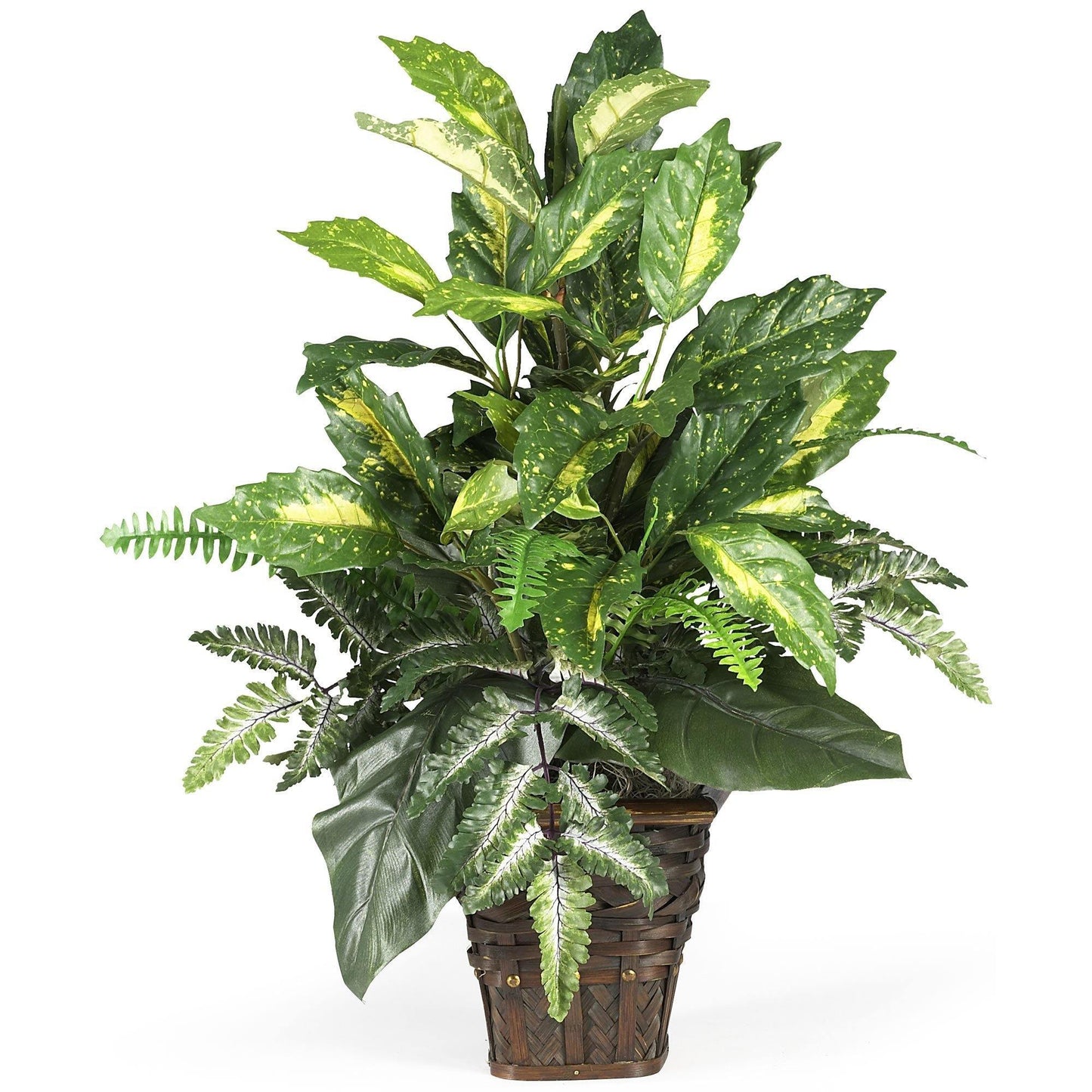 Artificial mixed greens with variegated green and yellow leaves in a woven wicker basket on Tampa Home & Garden Store