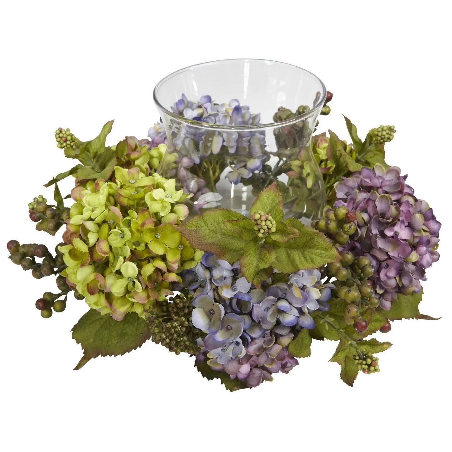 Mixed Hydrangea Candle Holder Silk Arrangement in clear glass vase with lavender hydrangea on Tampa Home & Garden Store