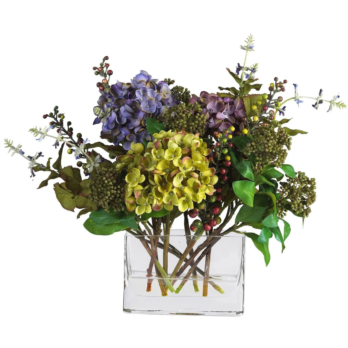 Nearly Natural multicolor hydrangea silk bouquet in a clear rectangle vase on Tampa Home & Garden Store