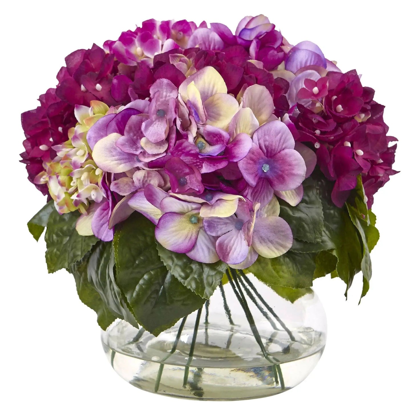 Multicolor hydrangea in a clear glass vase, artificial plant by Nearly Natural on Tampa Home & Garden Store