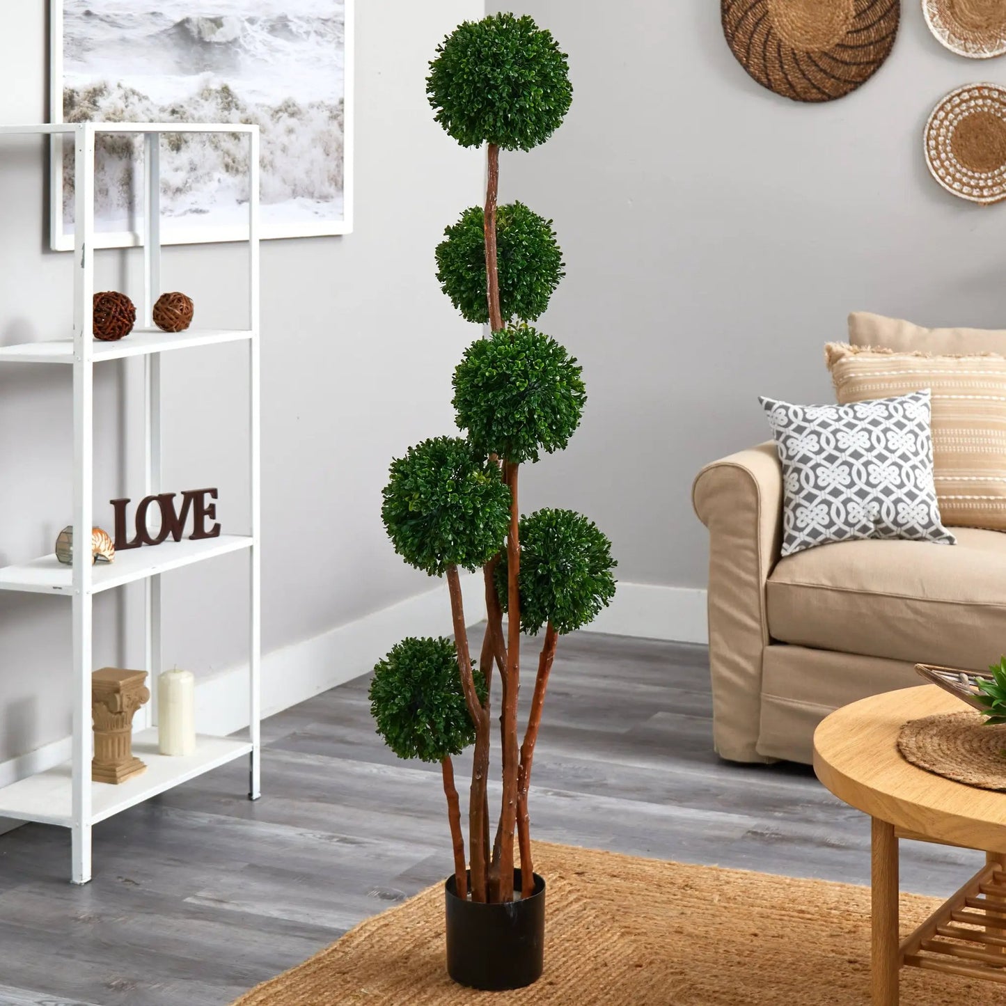 Boxwood UV-Resistant Topiary Nearly Natural in black pot for indoor/outdoor, with stacked spheres on Tampa Home & Garden Store